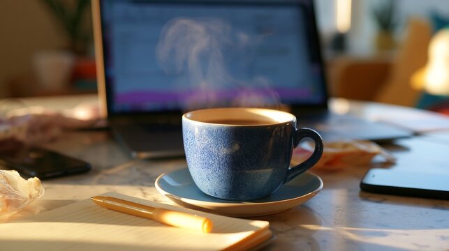 Blue ceramic coffee cup with steaming beverage on a home desk, laptop and notepad visible in a bright, sunlit workspace during mid-afternoon