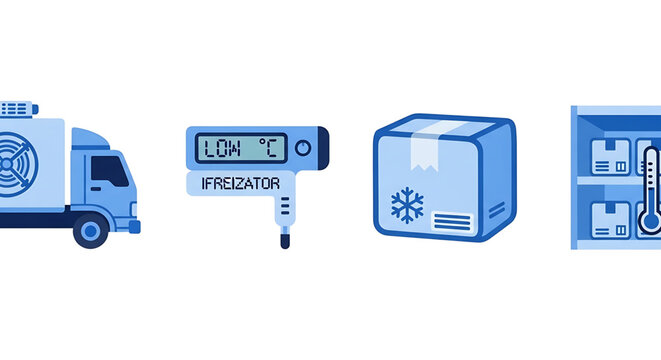 Cold chain logistics icons set, refrigerated truck, digital thermometer, frozen package and warehouse storage