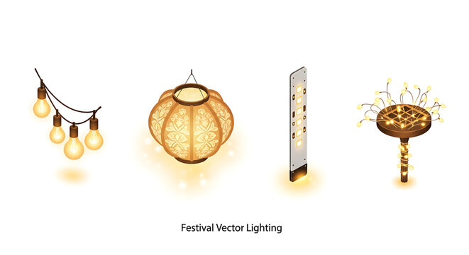 Isometric festival lighting set, string lights, decorative lantern, led strip and glowing floral bouquet