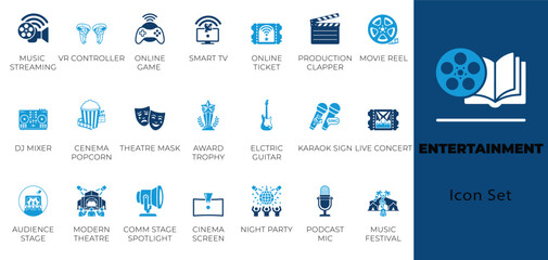 Entertainment solid glyph icon set. movie, music, podcast, and VR. © AHSAN