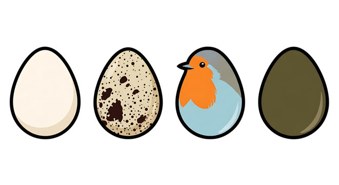 Set of four different bird eggs including a plain egg, a speckled egg, a robin egg, and a dark brown egg