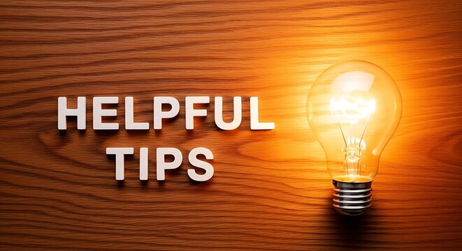Bright light bulb with helpful tips text on wooden background