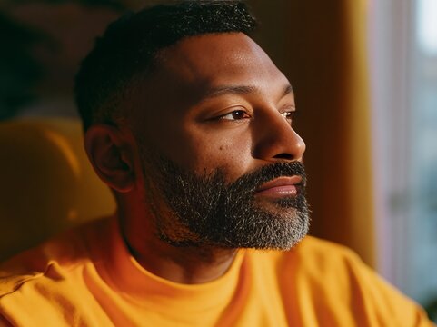 South Asian man with beard wearing orange t-shirt gazes thoughtfully while sitting indoors, warm light illuminating his face and background elements softly