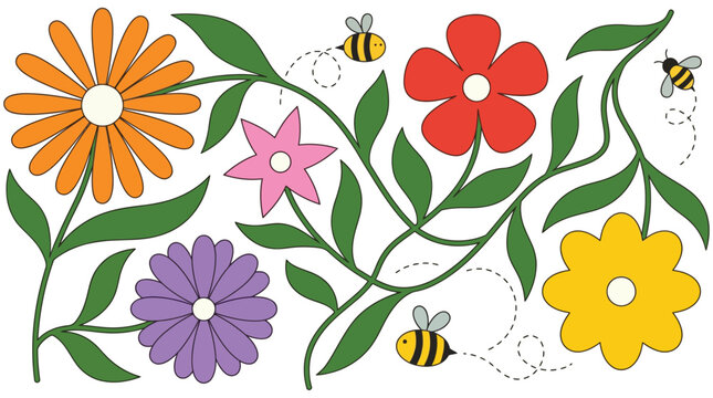 Whimsical floral illustration with buzzing bees and vibrant summer flowers, a delightful vector artwork for joyful designs