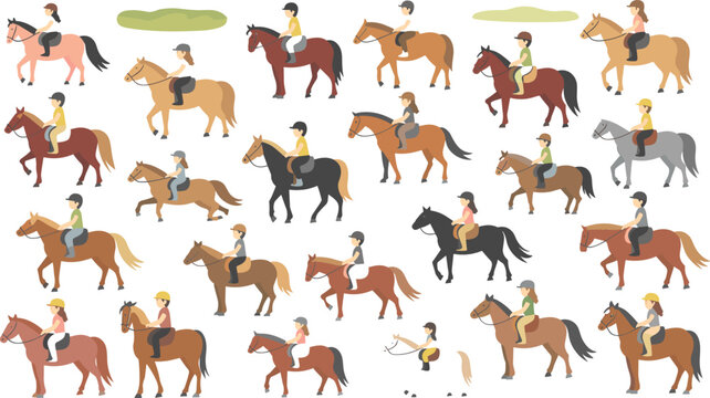Equestrian Horse Riding Vector Character Set with Men Women and Children Riding Ponies for Jockey Training Ranch and Sports Event Designs