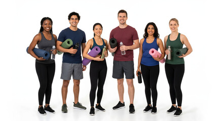 Obraz premium Diverse Group of Happy Men and Women in Activewear Holding Yoga Mats Isolated on White Background