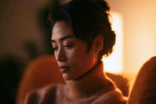 East Asian woman in a soft sweater with a high collar, captured in profile, illuminated by warm light, seated in a cozy indoor setting with blurred background elements