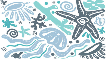 Vibrant hand-drawn vector illustration of diverse underwater life elements and abstract ocean shapes, perfect for creating playful marine-themed designs and backgrounds © Pronob Kumar Ray