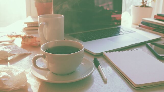 Home office desk scene featuring a steaming cup of coffee, laptop, notepad, and stationery items in a bright, sunlit environment during mid-afternoon