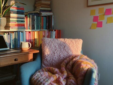 Cozy home office corner featuring a blue armchair with a knitted blanket, wooden desk with a laptop, and a colorful bookshelf filled with various books