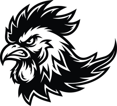 Fierce rooster head graphic with fighting cock gamecock aggressive feathers