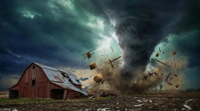 Tornado forming over a rural farm with flying debris and dark clouds  