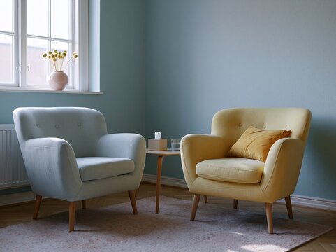 Two modern armchairs in a therapy room interior, one blue and one yellow, with a small wooden table and decorative vase on a light-colored rug