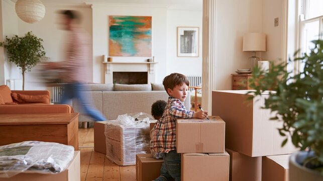 Family members engaged in moving process with cardboard boxes in living room, child playing near boxes while another adult carries items in background