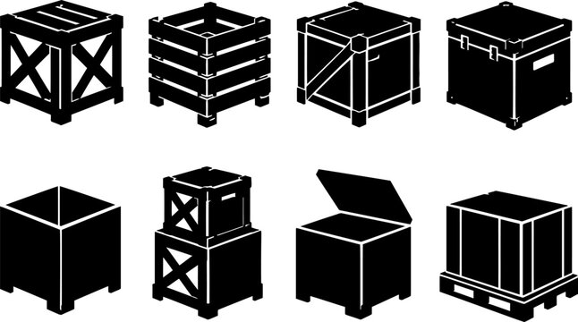 Collection of eight various black shipping and storage wooden crates and boxes depicted in isometric perspective isolated on white