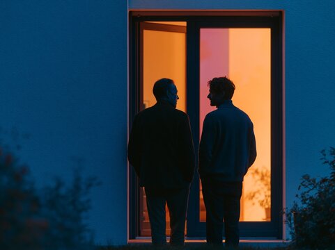 Two men engaged in conversation outside a brightly lit doorway, silhouetted against a warm orange glow, surrounded by a dark exterior setting