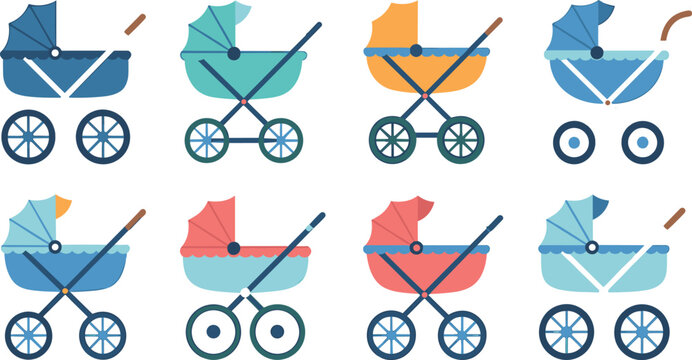 Colorful Baby Stroller Vector Icon Set with Various Pram and Carriage Designs for Newborn Care, Infancy, Maternity Shop, and Parenting Mobile App Templates