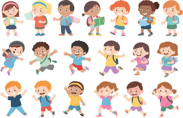 Fototapeta premium Diverse Cute Cartoon School Kids Character Set with Backpacks Running Jumping and Reading Books for Back to School and Primary Education Designs