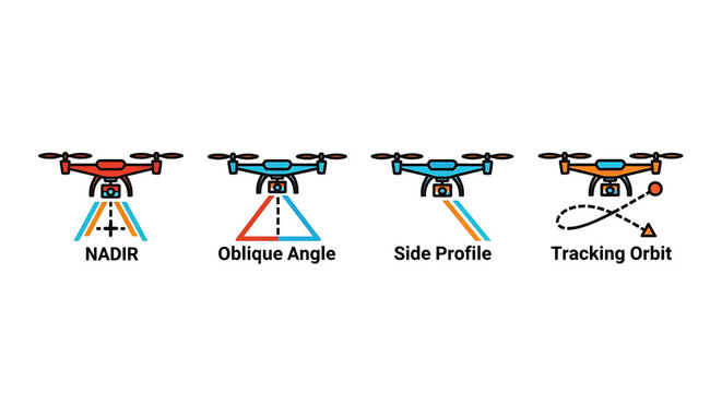 Drone camera shooting angles and flight modes icons set, including nadir, oblique, side profile and tracking orbit