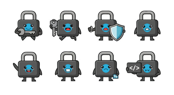 Cute Padlock Character Icons: Security, Data Protection, and Coding Concepts
