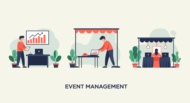 Event Management and Planning Flat Illustration with People and Booths
