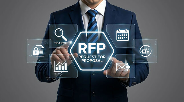 Businessman touching RFP Request for Proposal icon on virtual screen for business