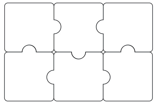 Outline connected puzzle 6 pieces frame. Frame puzzle 2x3 pieces. Template shape of Jigsaw puzzle pieces. Stock vector illustration isolated on white background.