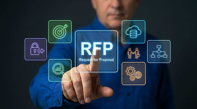 Businessman pointing at RFP Request for Proposal virtual interface with icons