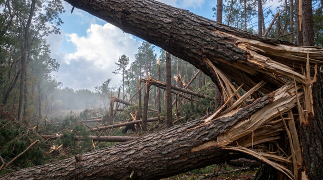Fallen trees damaged by derecho winds in misty forest landscape  