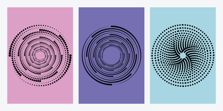 Three colorful circular pattern designs with dots and lines on pink, purple, and blue backgrounds. Resizable and editable, EPS 10.