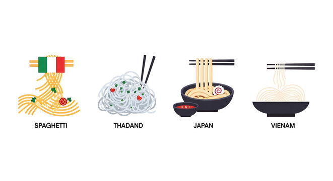 Set of traditional noodle dishes from different countries including italian spaghetti, thai noodles, japanese ramen and vietnamese pho