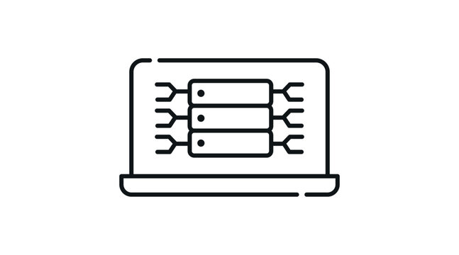 Laptop server management and web hosting icon: portable notebook computer with server rack symbol on screen, minimalist black line art vector.