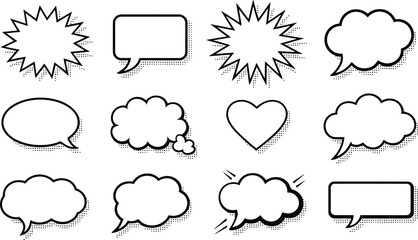 Fototapeta premium Blank Comic Speech Bubble Vector Set with Black Line Art Halftone Shadows and Heart Thought Clouds for Pop Art Graphic Designs