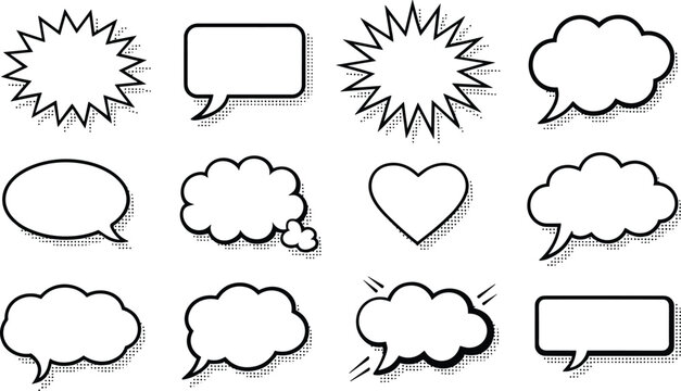 Blank Comic Speech Bubble Vector Set with Black Line Art Halftone Shadows and Heart Thought Clouds for Pop Art Graphic Designs