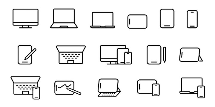   Editable line icons for smartphones, laptops, and desktop devices