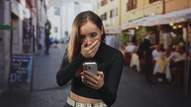Woman holds smartphone and covers mouth with hand while reacting to a message at an outdoor street cafe, visible phone and surprised posture; surprise curiosity reaction.