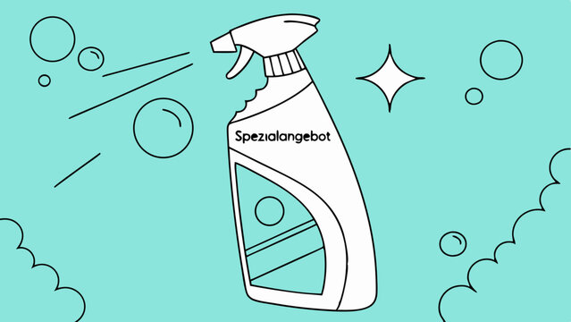 Doodle spray bottle illustration with special offer text and bubbles on turquoise background for cleaning product promotion and shop banner design [copy space]