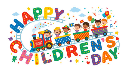 Fototapeta premium A Whimsical Children's Day Celebration: A vibrant illustration showcases a celebratory train ride, filled with joyful children, balloons, and musical notes.