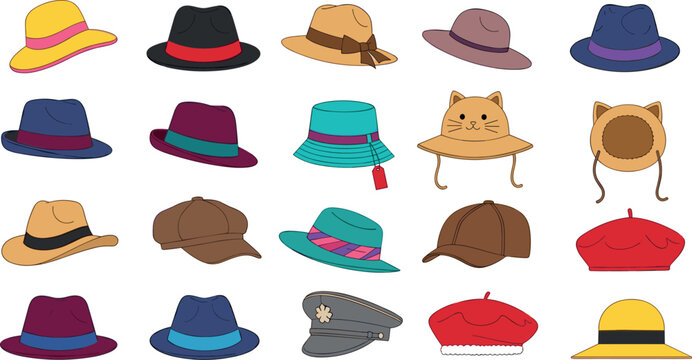 Fashion Men and Women Hat Icon Set with Fedora, Beret, Panama, and Bucket Cap Symbols for Clothing Stores, E-commerce, and Styling App Graphic Designs