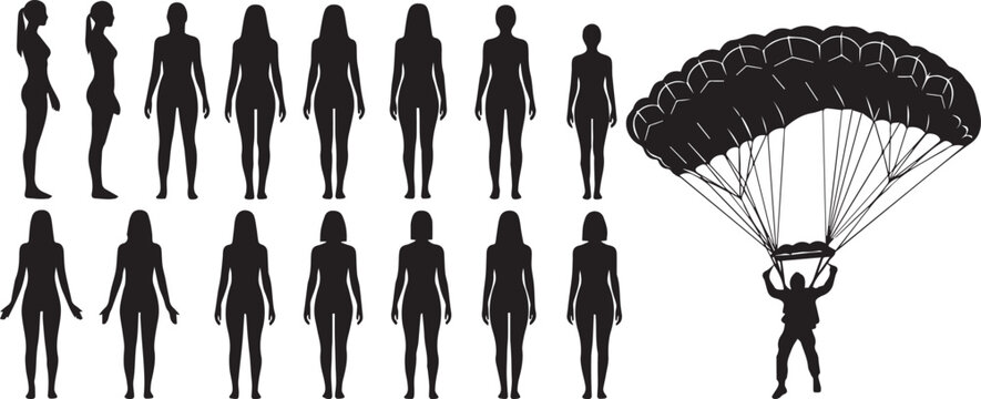 Female body silhouette collection with diverse figures and parachute jumper, black vector illustration isolated on gray background for fitness, lifestyle, design