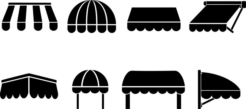 Collection of diverse black silhouettes of various awning and canopy styles providing shade for storefronts and windows