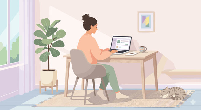 Woman typing on laptop at home office desk with a napping cat, work from home