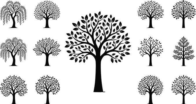 Detailed Black Tree Silhouette Bundle with Leafy Branches and Weeping Willow Icons for Eco Packaging Family Crests and Creative Landscape Layouts