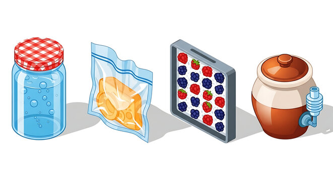 Set of food storage containers, glass jar, plastic bag with cheese, tray with berries and ceramic crock