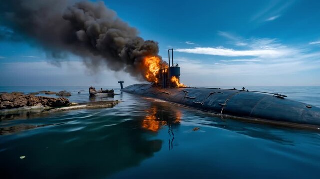 Submarine on the ocean surface with fire and thick black smoke rising from the conning tower during emergency