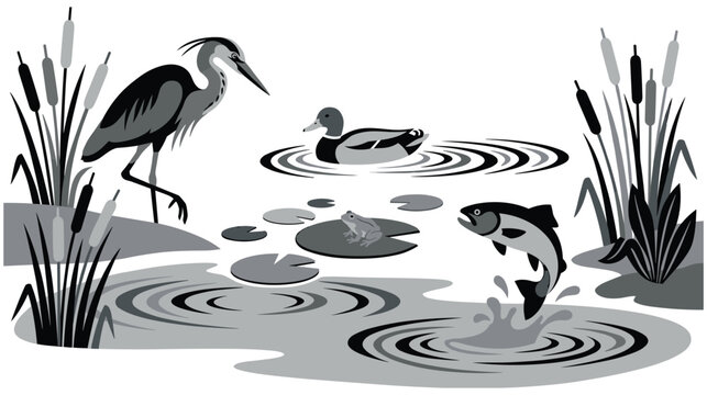 Nature scene with heron duck frog fish and reeds on water.