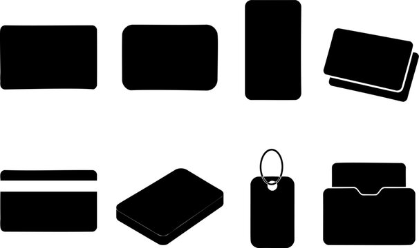 Collection of isolated black digital icons representing various cards and identification tags on a clean white background