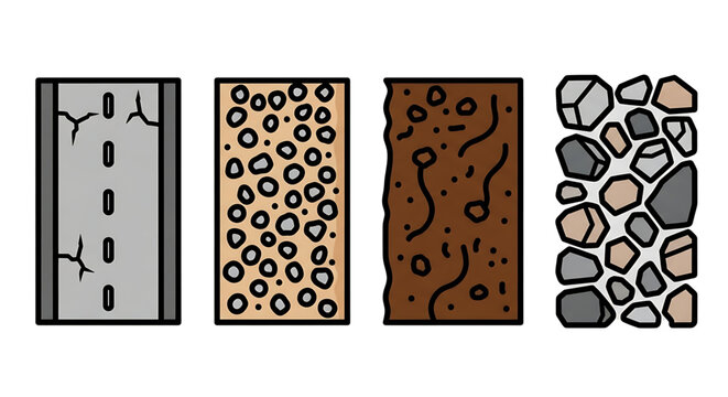 Set of four different ground textures including asphalt road, gravel, soil, and cobblestone