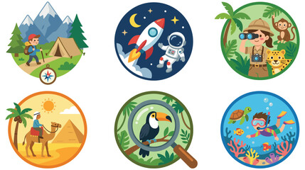 Fototapeta premium Set of circular adventure scenes camping space exploration safari.