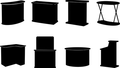 Collection of various black silhouettes of modern display stands and promotional counters for exhibitions isolated on transparent background © Nayon